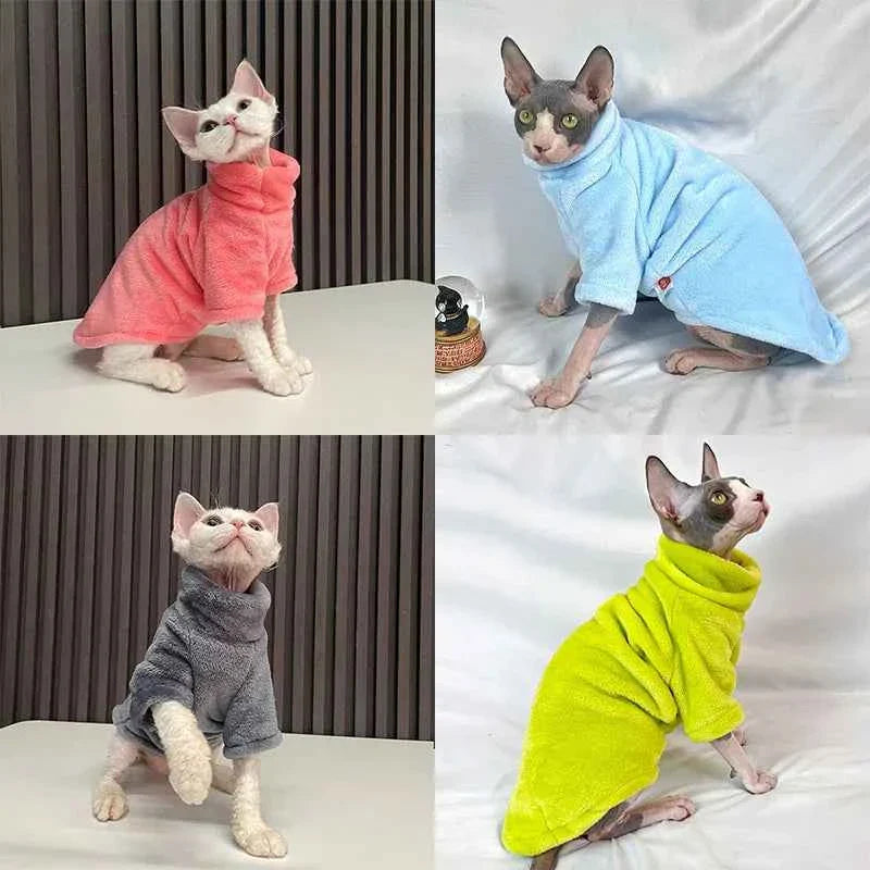 Turtleneck fleece cat sweater shown in pink, light blue, grey, and lime