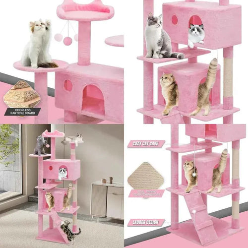 Pink tall cat tree with condos, platforms and scratching posts; cats on multiple levels