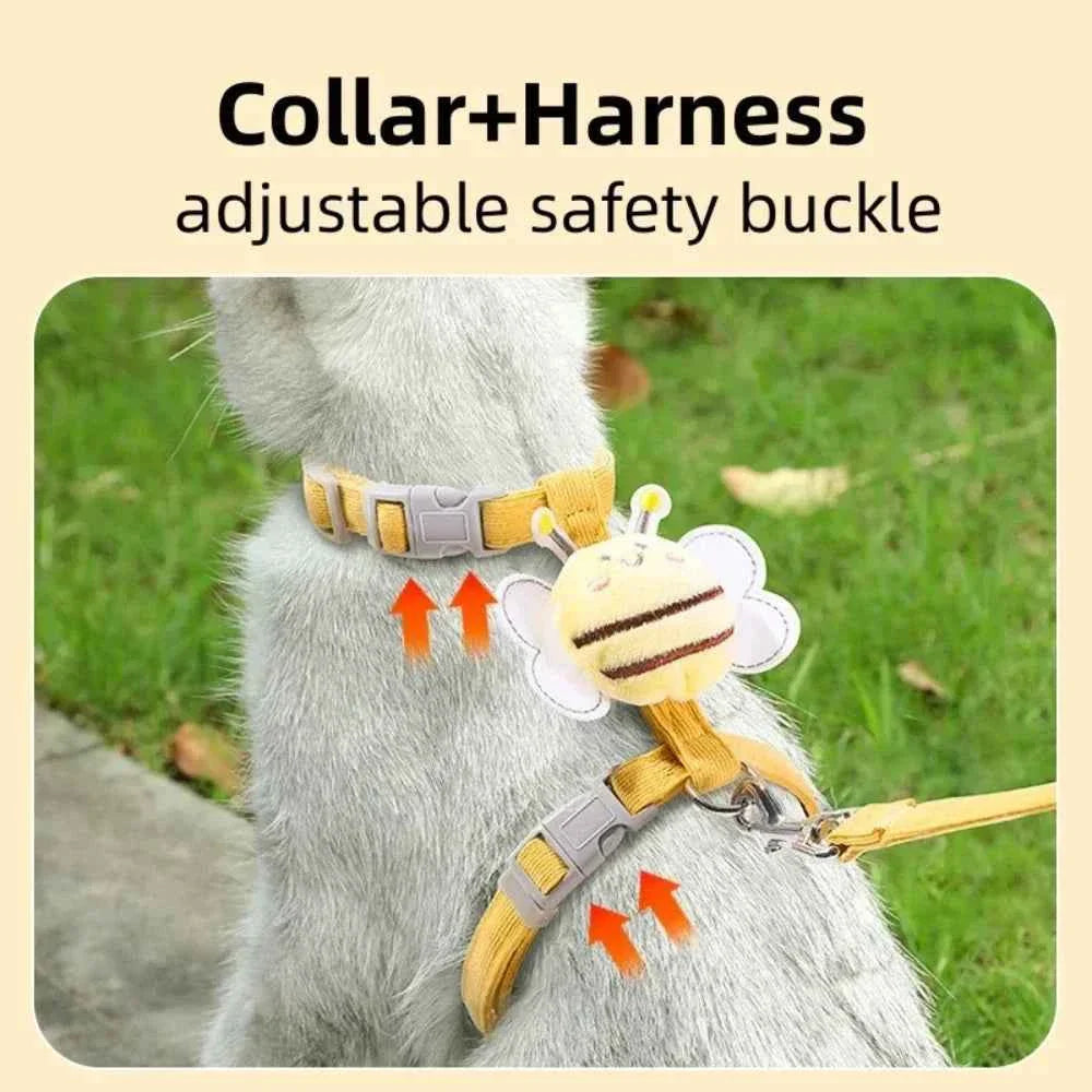 Yellow bee cat harness on cat chest with adjustable safety buckle and clips