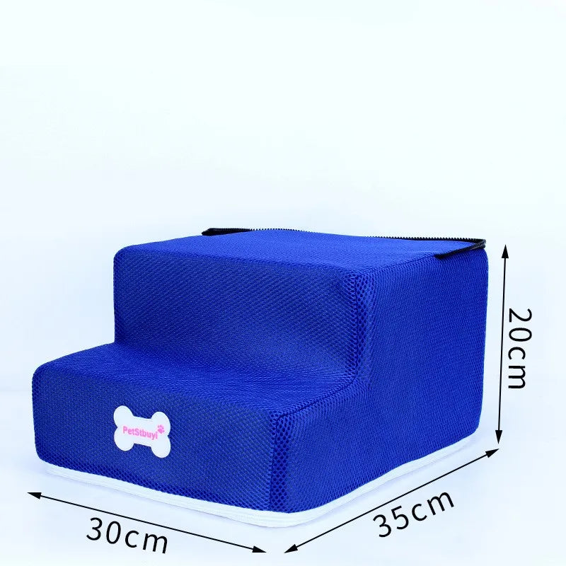 Blue 3-step pet stairs with ramp; shows size labels 30cm by 35cm by 20cm