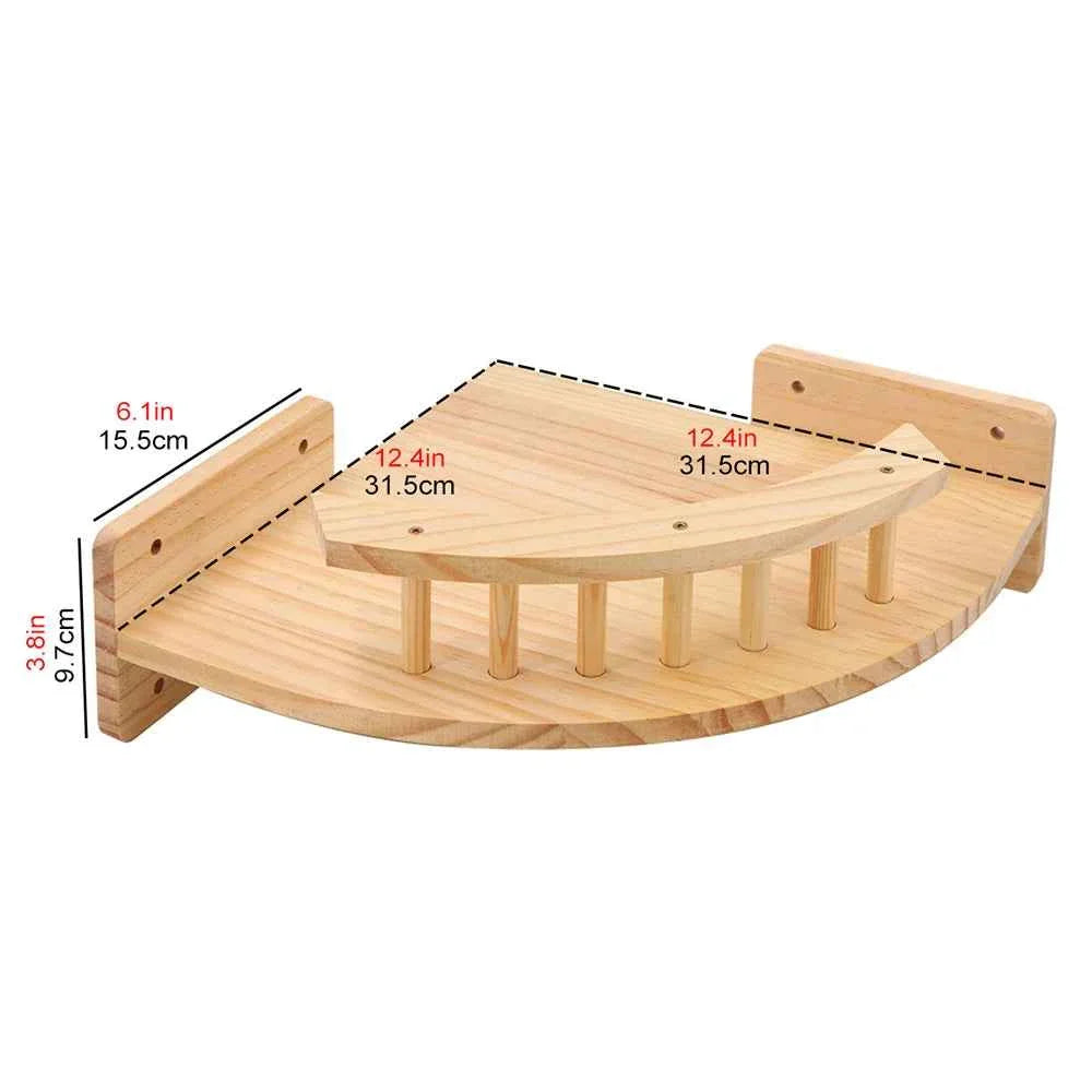 Wall-mounted cat climbing rope with curved wooden platform and support pegs