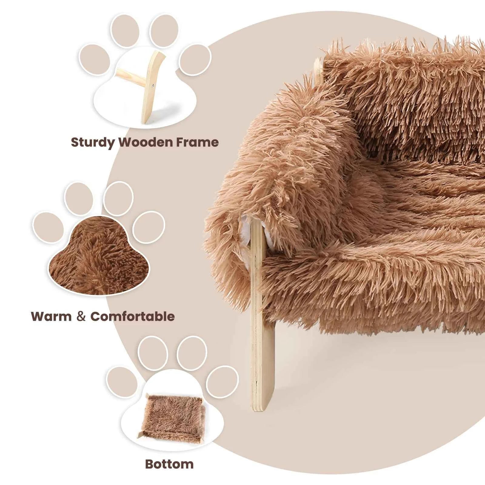 Brown plush pet sofa bed with wooden frame and fringed upholstery; close-up angle
