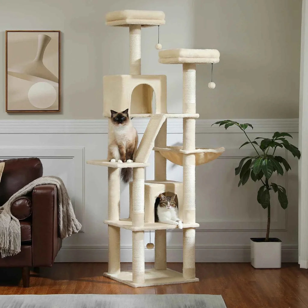 White cream cat tree tower with stacked condos, top and side perches, and dangling hanging balls