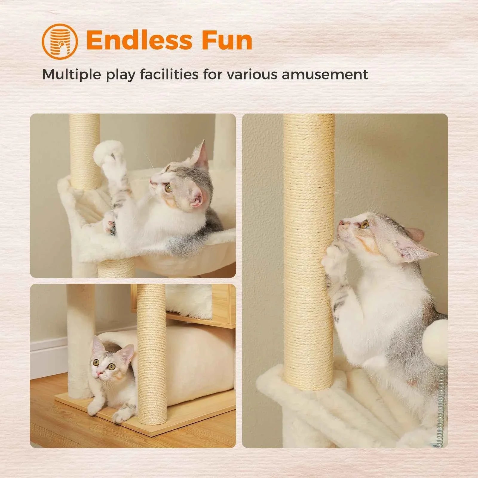 Cat tree scratching posts with multiple platforms and enclosed resting cubby