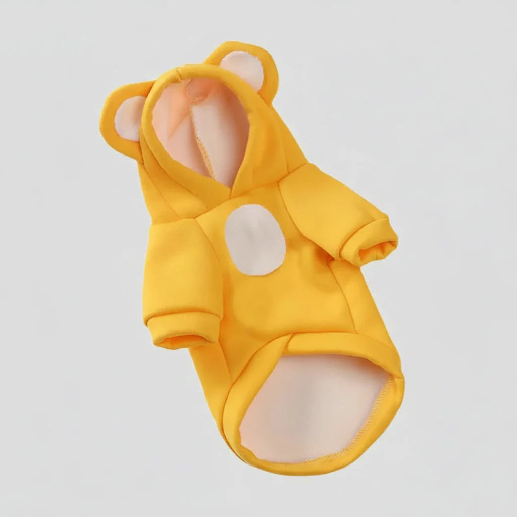Yellow cat hoodie sweater with hood, pointed ears, and white oval chest/face patch