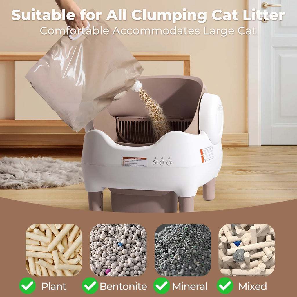 White open-top self-cleaning cat litter box with khaki tray, shown with litter bag