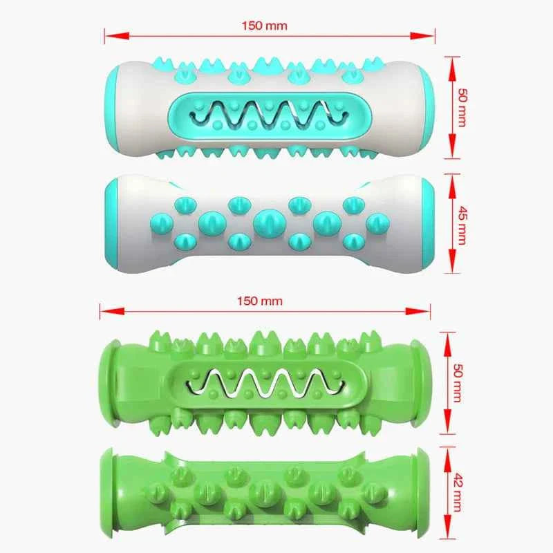 Rubber dog chew cylinder with dental ridges and spikes, teal and green