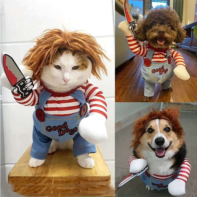 Pet Halloween costume worn on pets: orange wig, red striped sleeves, blue overalls.