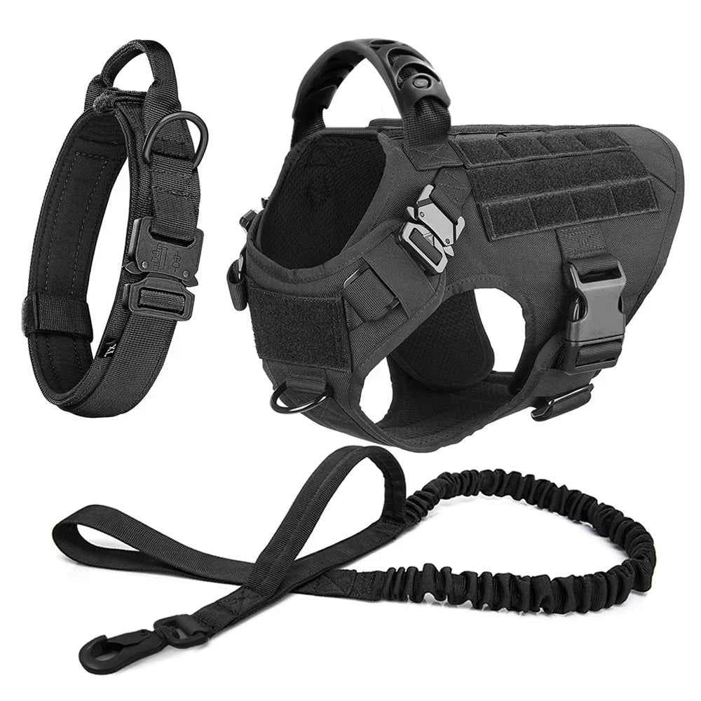 Black tactical no-pull dog harness vest with leash, heavy-duty training set