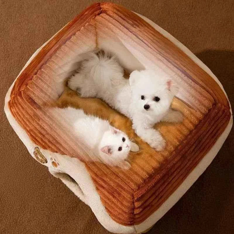 Brown foldable pet cave house, striped canopy open; two small dogs resting inside