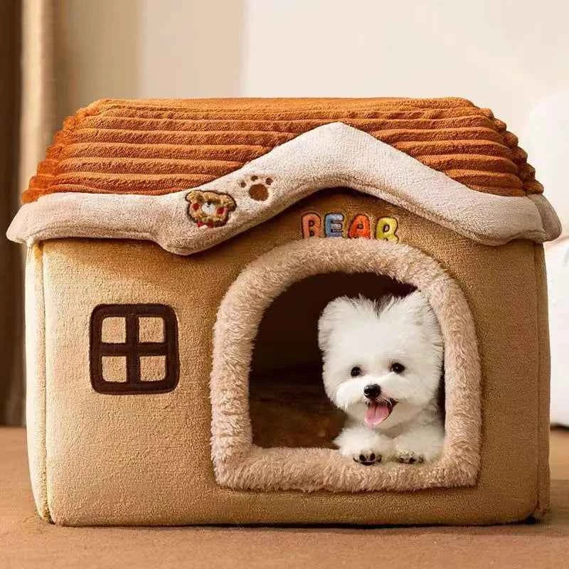 Brown foldable pet castle house with cushioned arched entrance and removable roof