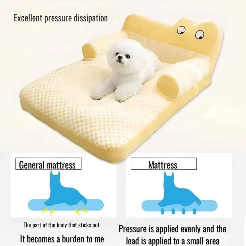 Rock yellow pet sofa bed with raised backrest; cushioned cream textured cushion
