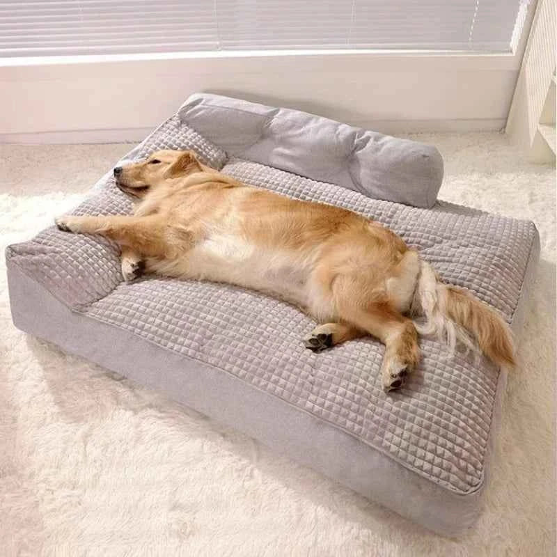 Grey rectangular pet bed mat with cushioned edges and raised woven texture top