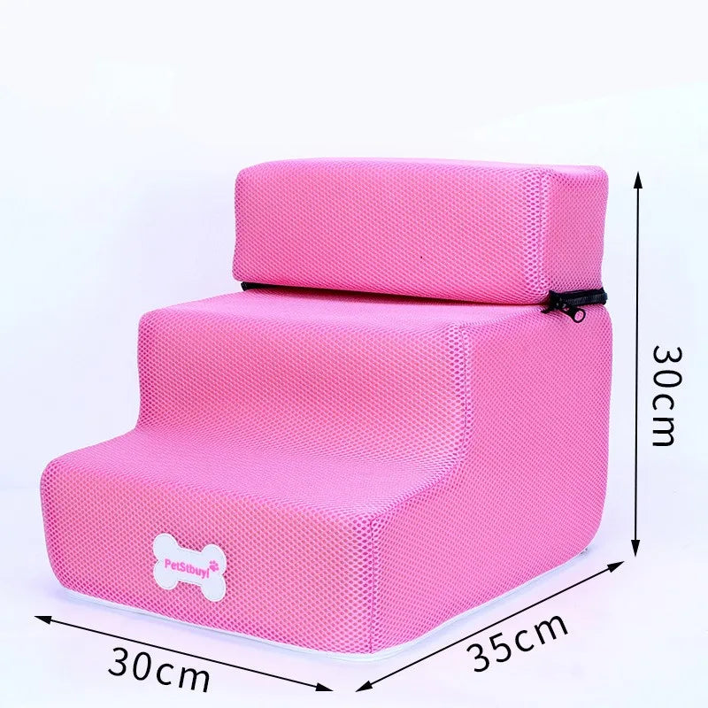 Pink 3-step pet stairs with ramp; shows size labels 30cm by 35cm by 30cm