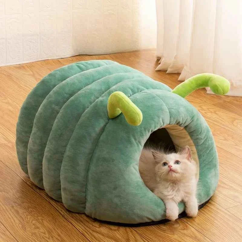 Green plush caterpillar pet bed tunnel with lime nose detail