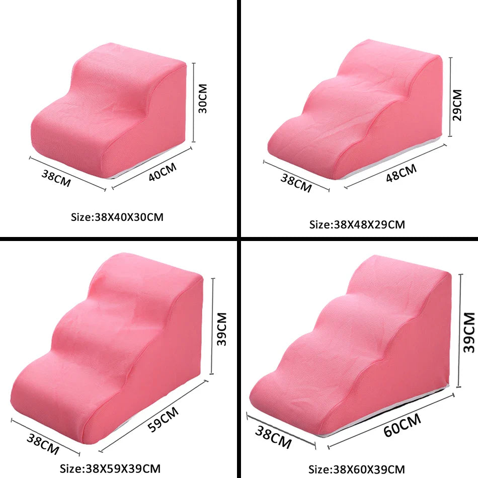 Pink pet ramp size chart with multiple step sizes and heights