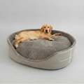 Round large dog cooling mat bed with ribbed gray inner cushion and light gray outer base