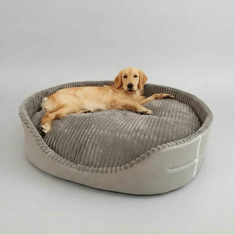 Round large dog cooling mat bed with ribbed gray inner cushion and light gray outer base