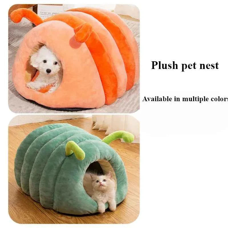 Orange plush caterpillar pet bed with striped body and rounded doorway