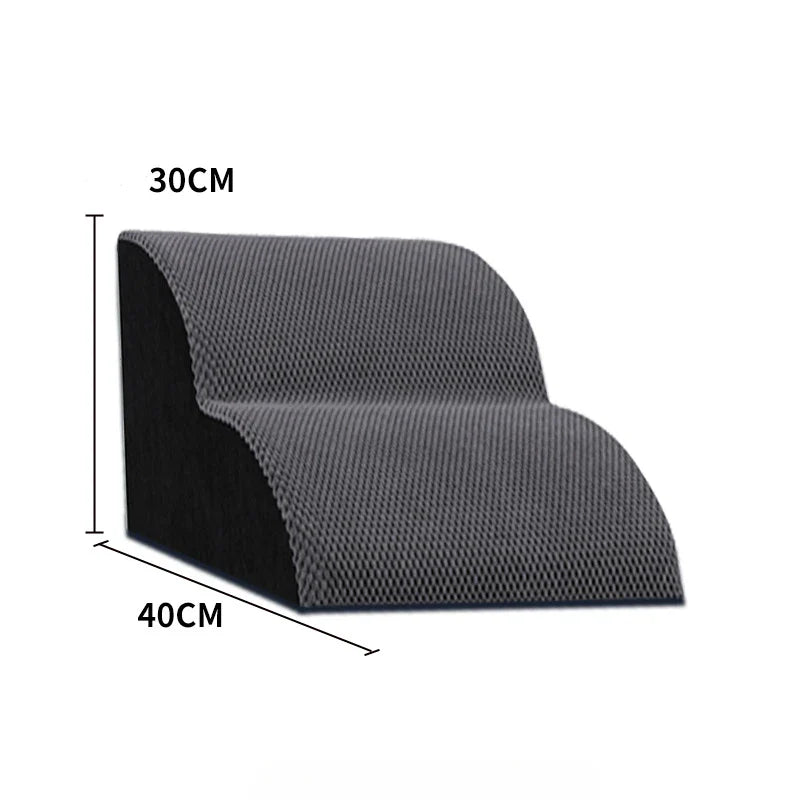 Grey and black pet stairs ramp with two steps; size diagram with 30cm and 40cm