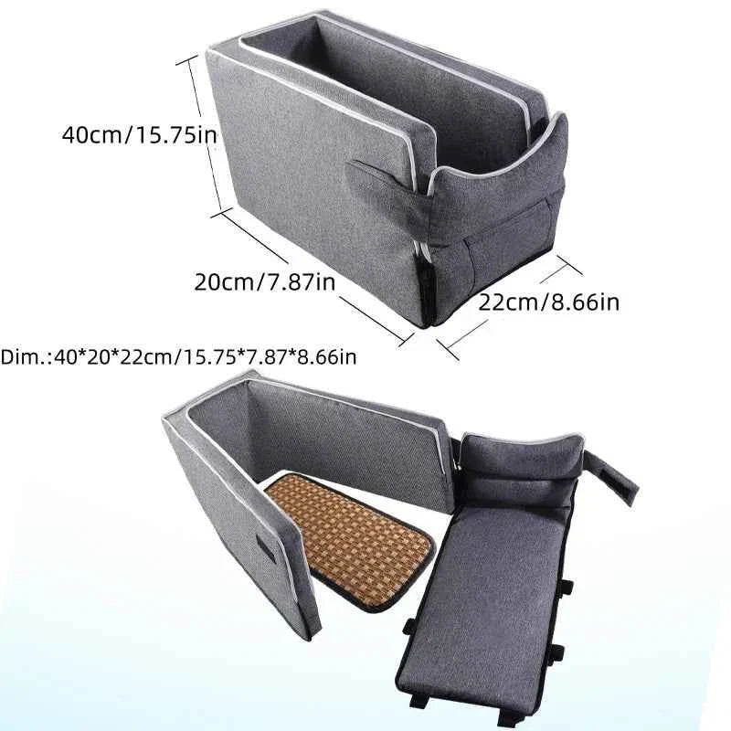 Grey car center console pet bed insert with side walls and handles, shown with size