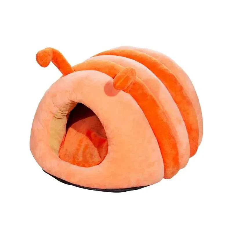 Orange plush caterpillar pet bed with open tunnel and curved striped sides