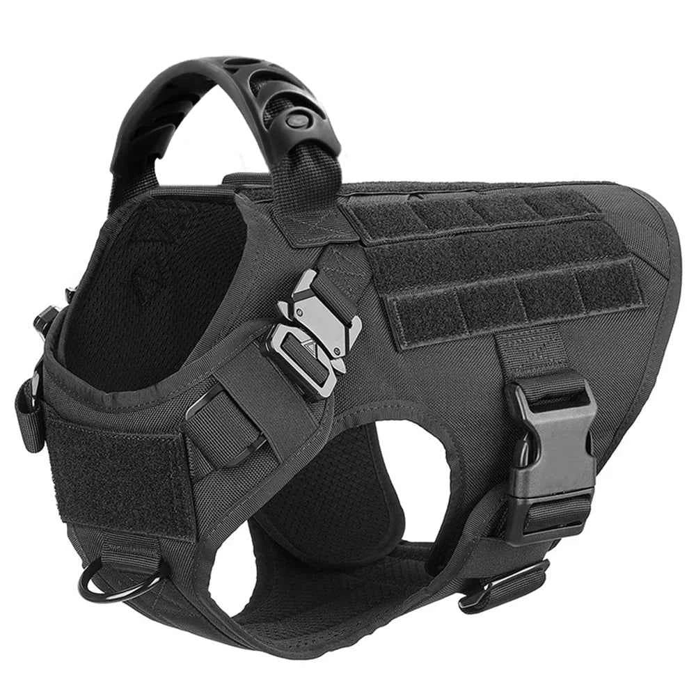 Black tactical dog no-pull harness vest with padded chest panels and metal buckles