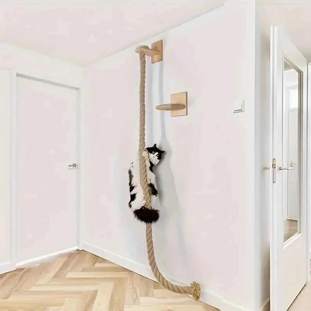 Wall-mounted cat climbing rope with sisal strands and small wooden platforms for stepping