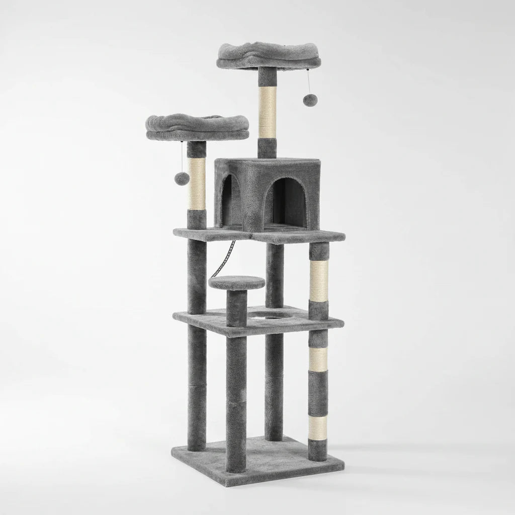 Gray cat tree tower with beige scratching posts, multiple perches, and side condo opening