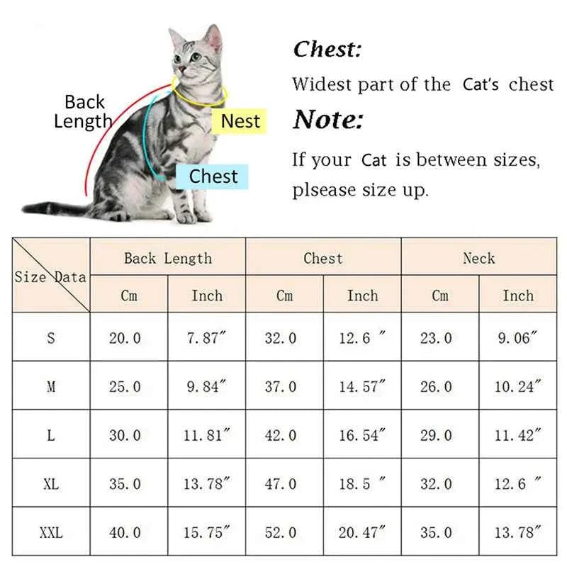 Cat sweater size chart showing back length, chest, and neck measurements