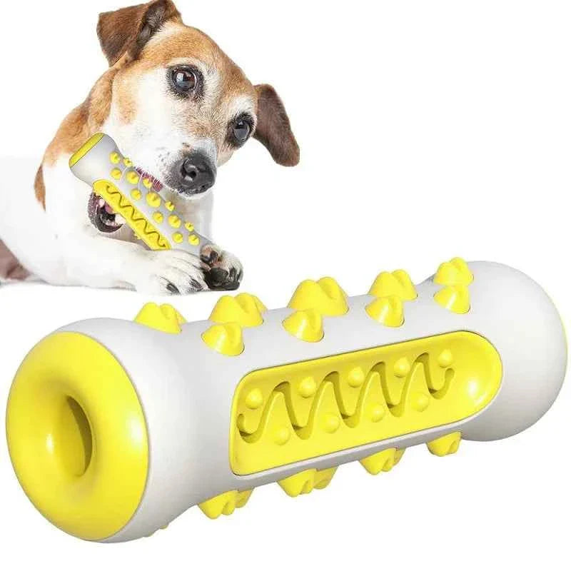 Yellow and white rubber dental chew toy cylinder with spikes and wavy grip