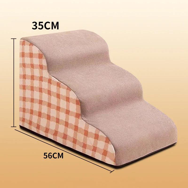 Beige non-slip pet stairs ramp, 35cm high and 56cm long with check side panel