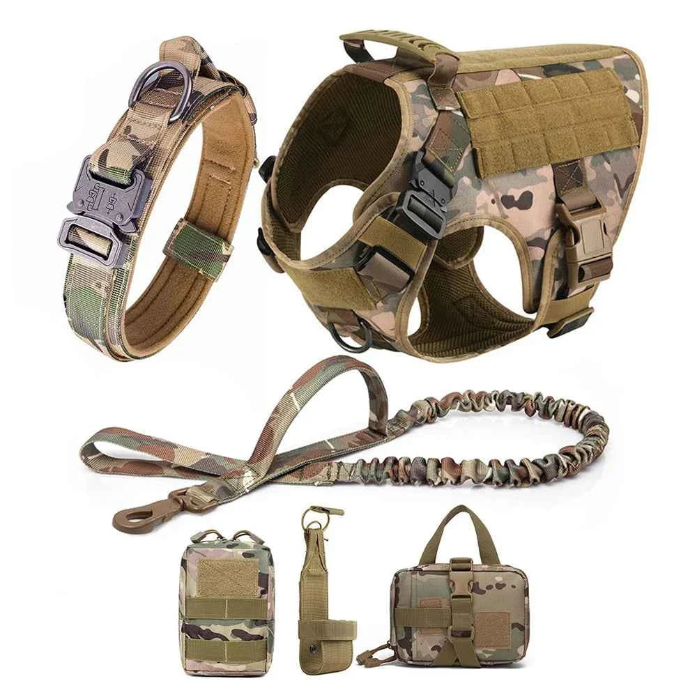 Camouflage no-pull dog harness vest with coiled leash and matching accessory pouches