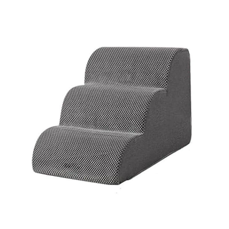 Dark gray 3-step pet stairs with curved backrest and padded stepped platform