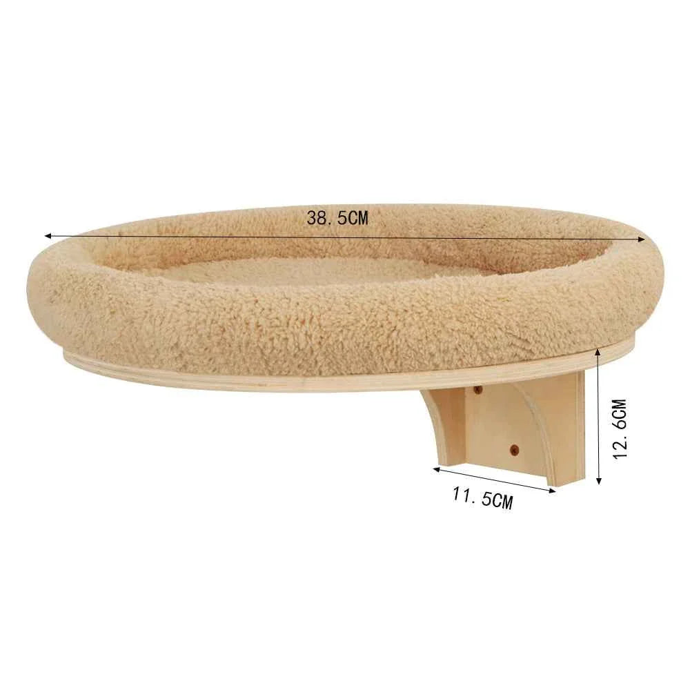 Round cushioned cat perch with wooden support base and labeled size dimensions