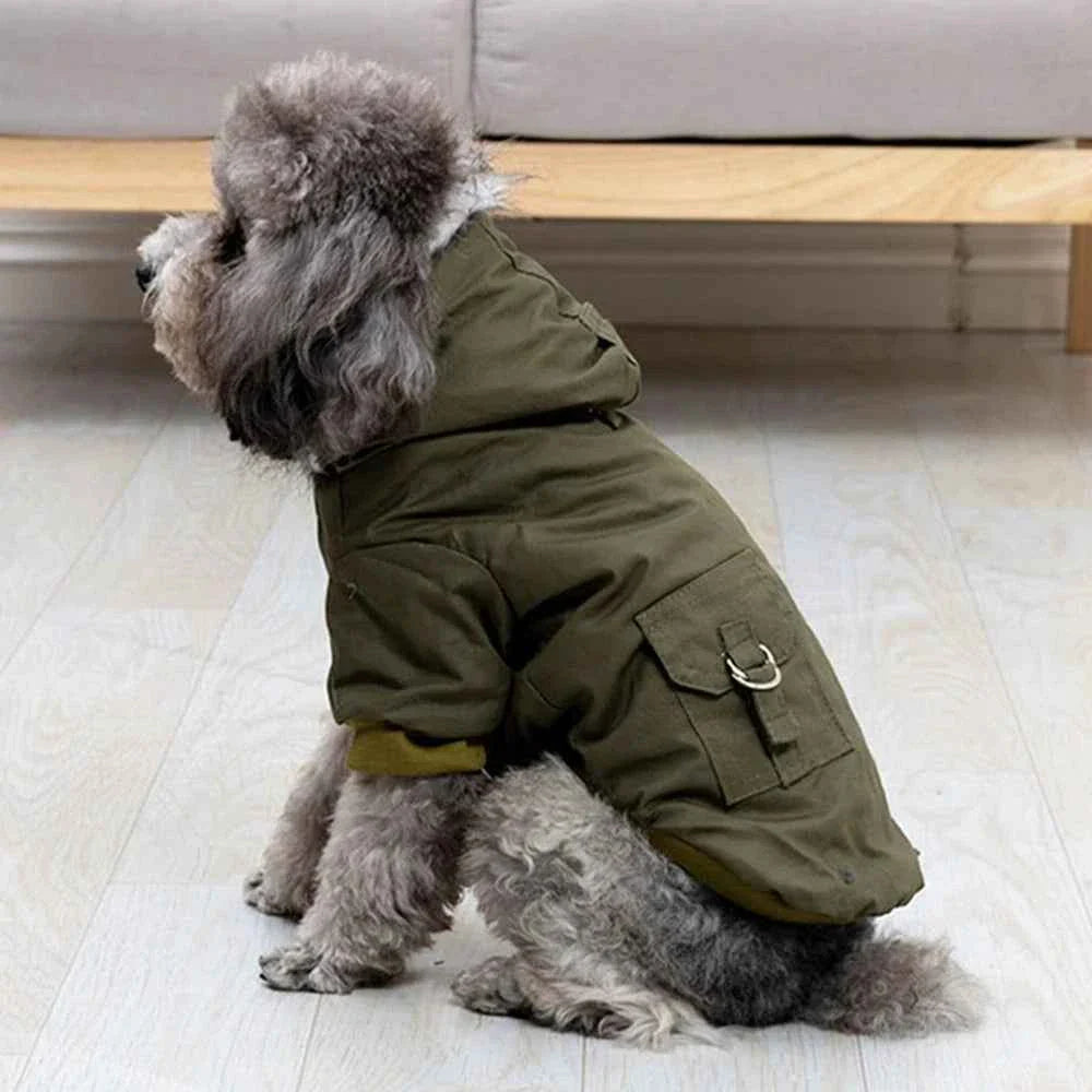 Olive winter dog coat with faux-fur hood, utility pockets, and built-in chest harness