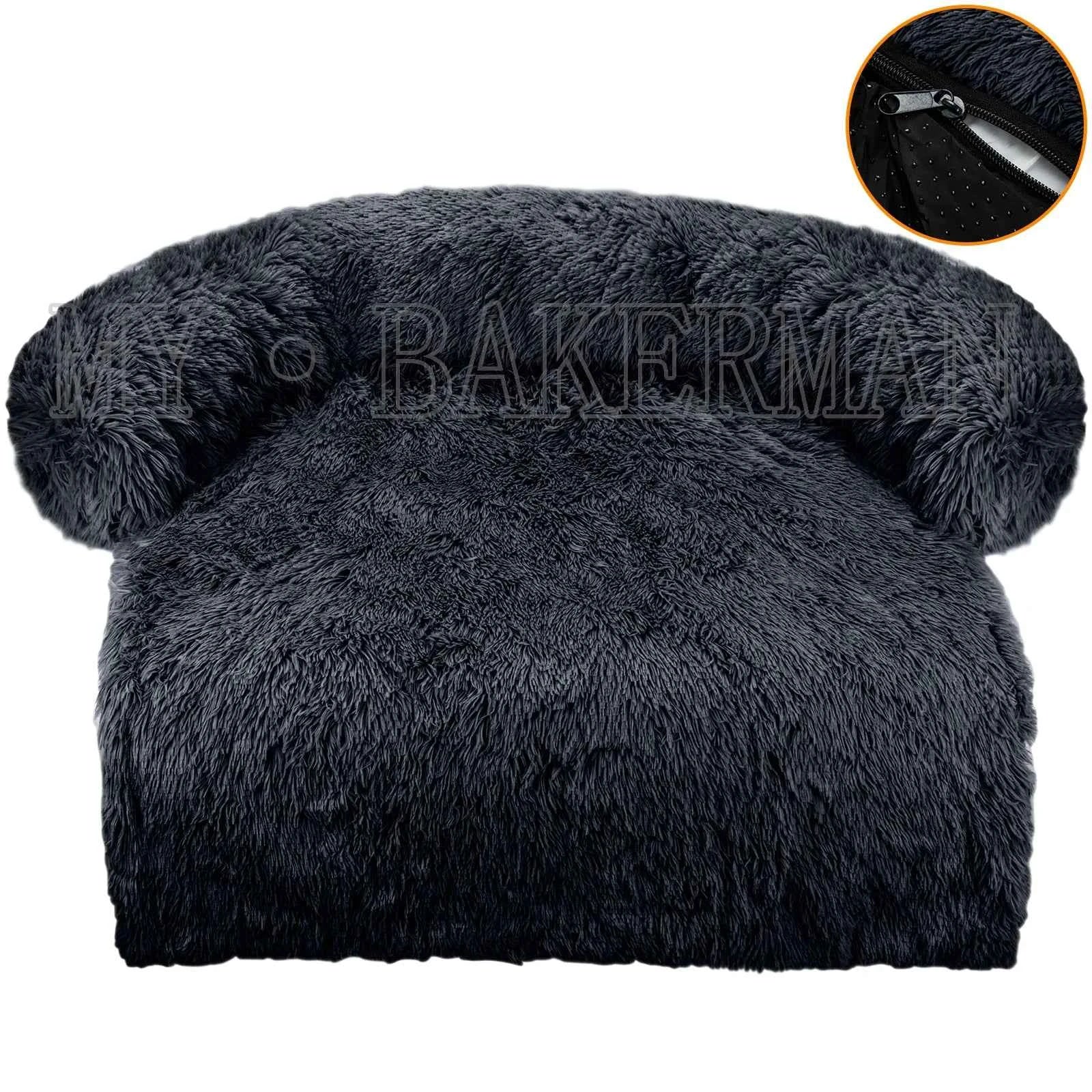 Dark navy-gray plush sofa-style dog bed with zipper closure detail at top