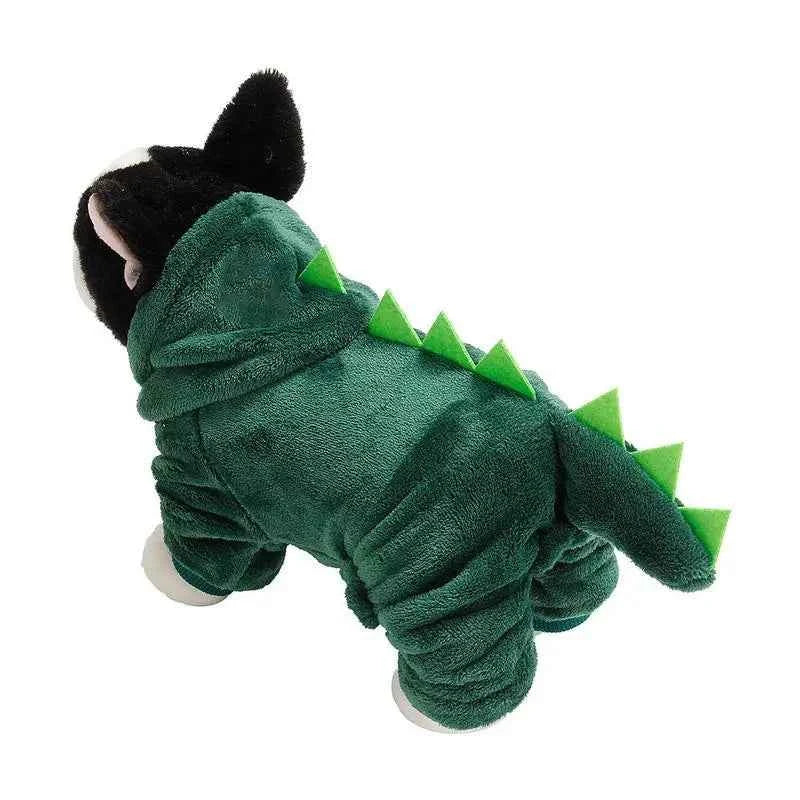 Green dinosaur pet hoodie with spiked back, hood opening, and front sleeve paws