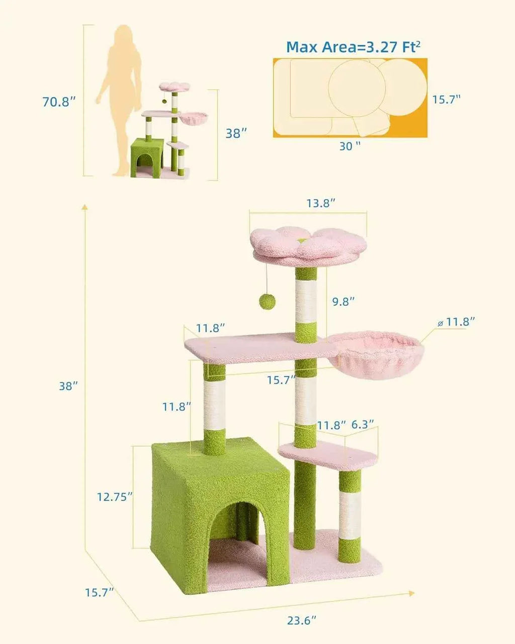 Cat tree size chart showing green condo, pink platforms, and hanging ball perch