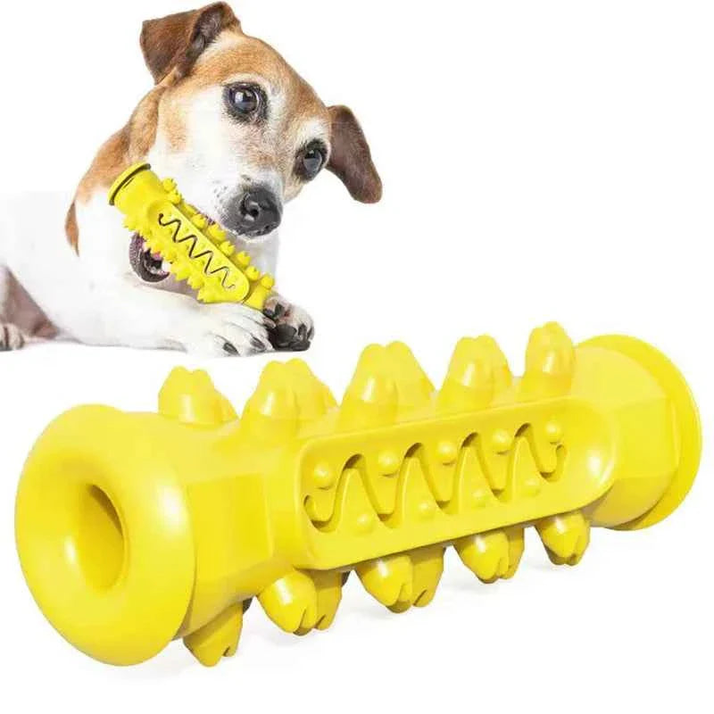 Yellow rubber dental chew toy cylinder with spikes; dog holds it