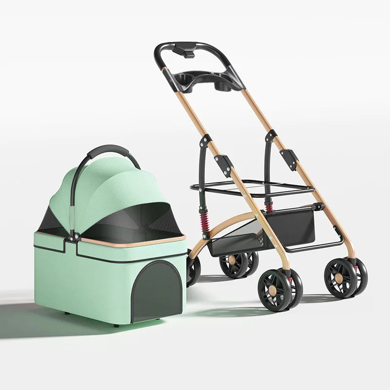 Foldable pet travel carrier stroller in green with dark door panel and tan frame
