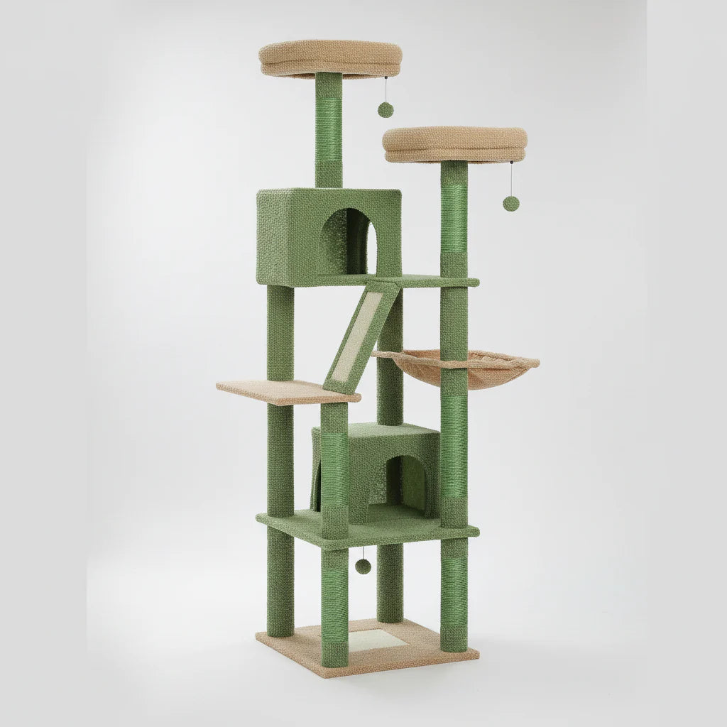 Green and tan cat tree tower with top perch, side condo openings, ramp, and hanging balls
