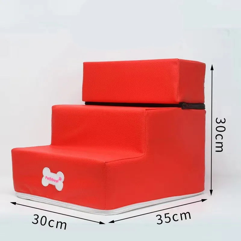 Two-step pet stairs in red fabric with removable cover and non-slip base