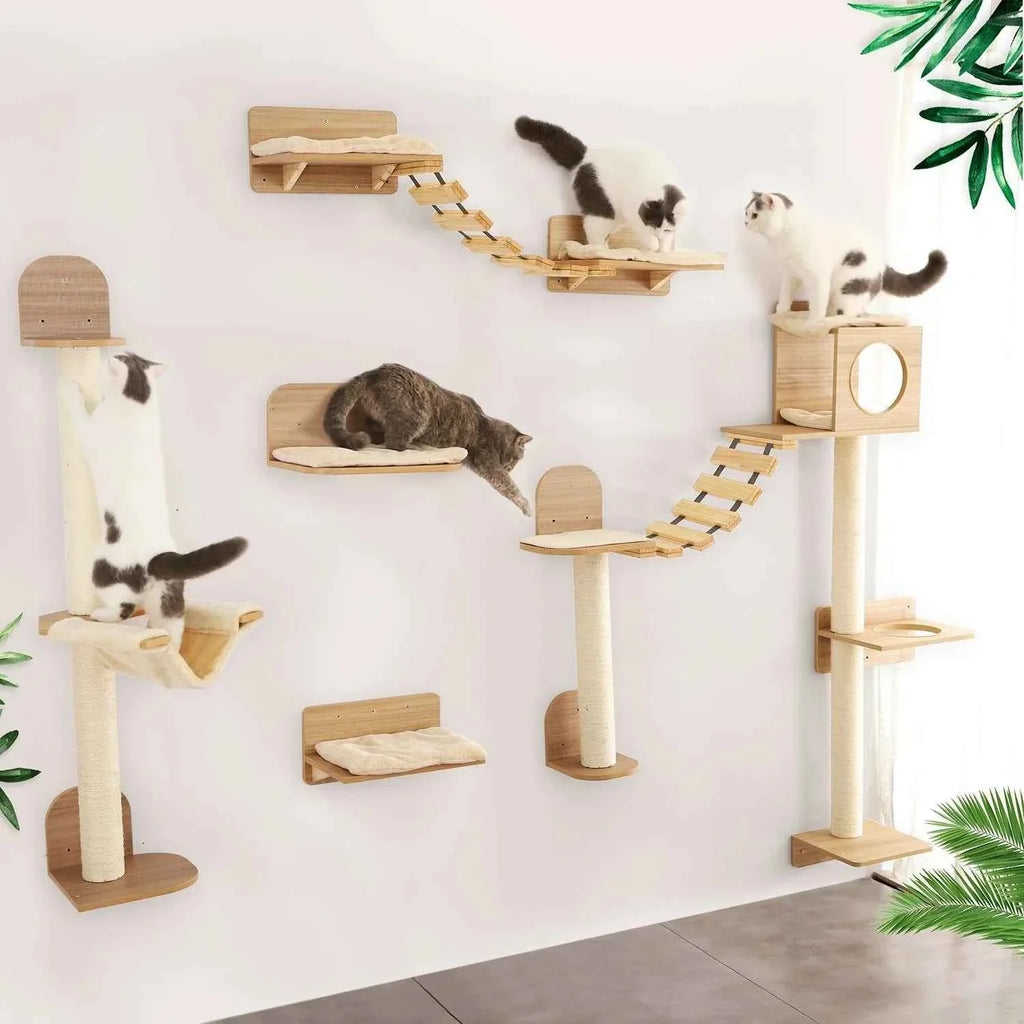 Cat climbing rope wall set with multiple sisal ropes and wooden steps and resting platforms