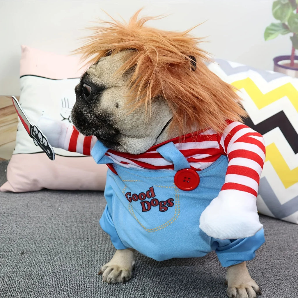 Pet dog costume with orange wig, blue overalls, red striped sleeves, toy knife prop.