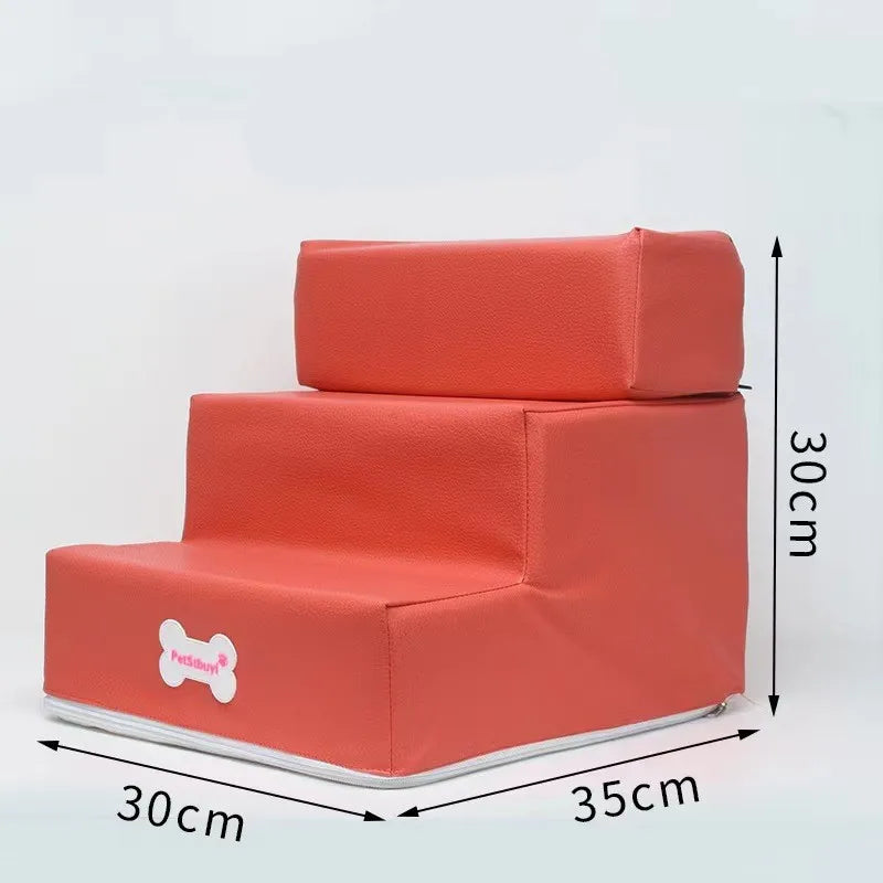 Red 3-step pet stairs ramp with removable steps and non-slip base