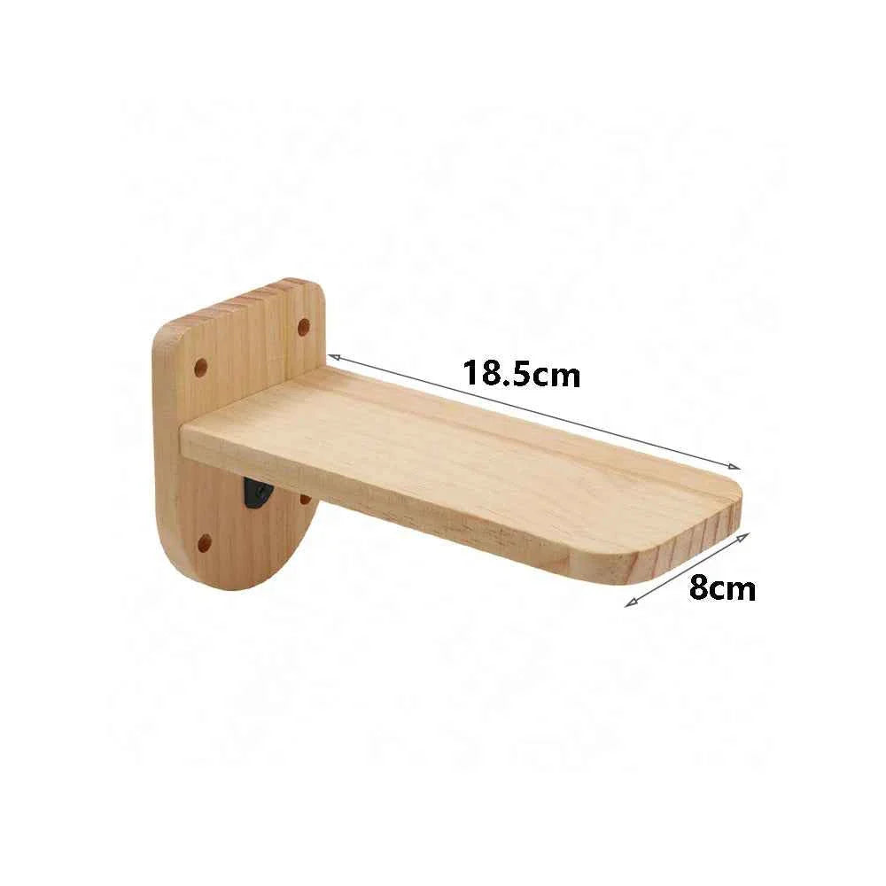 Wall-mounted cat climbing rope with long rectangular wooden ledge and end mount