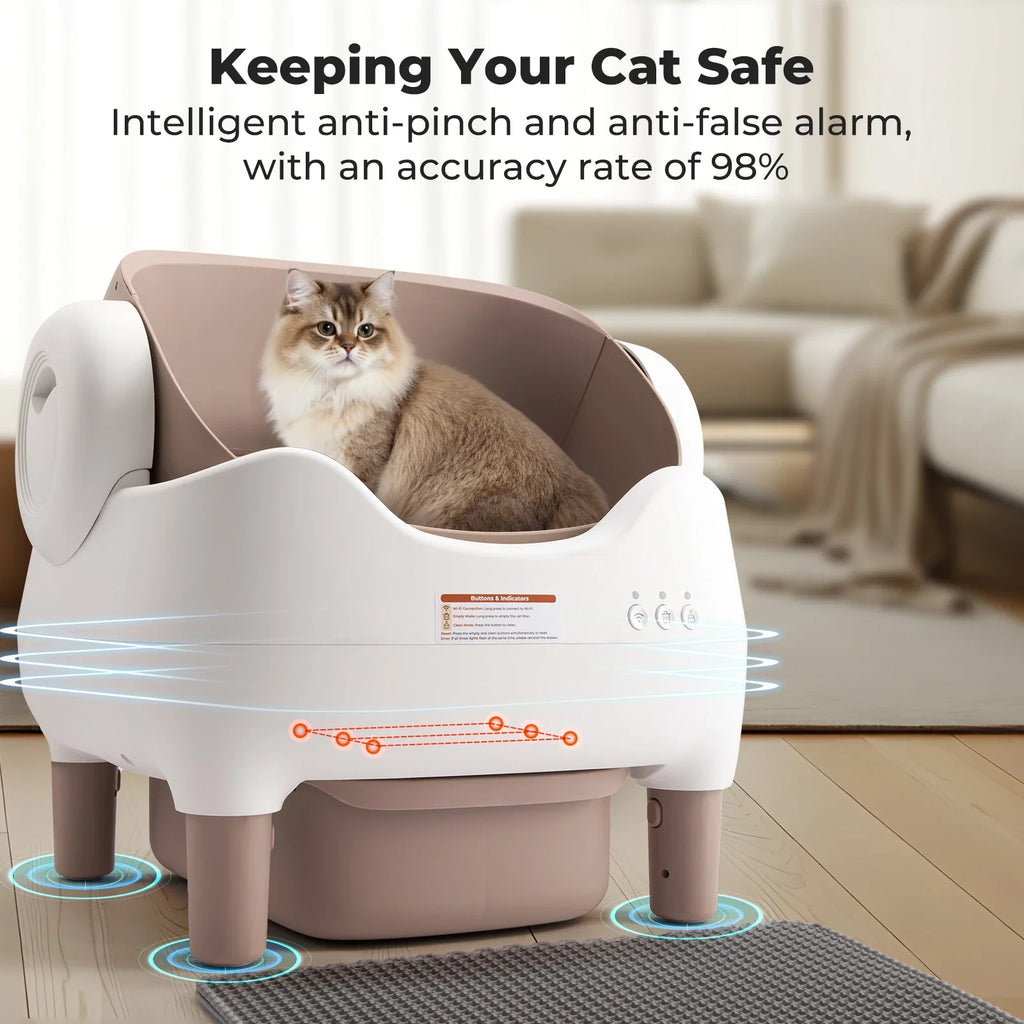 White open-top smart self-cleaning cat litter box with khaki interior and base