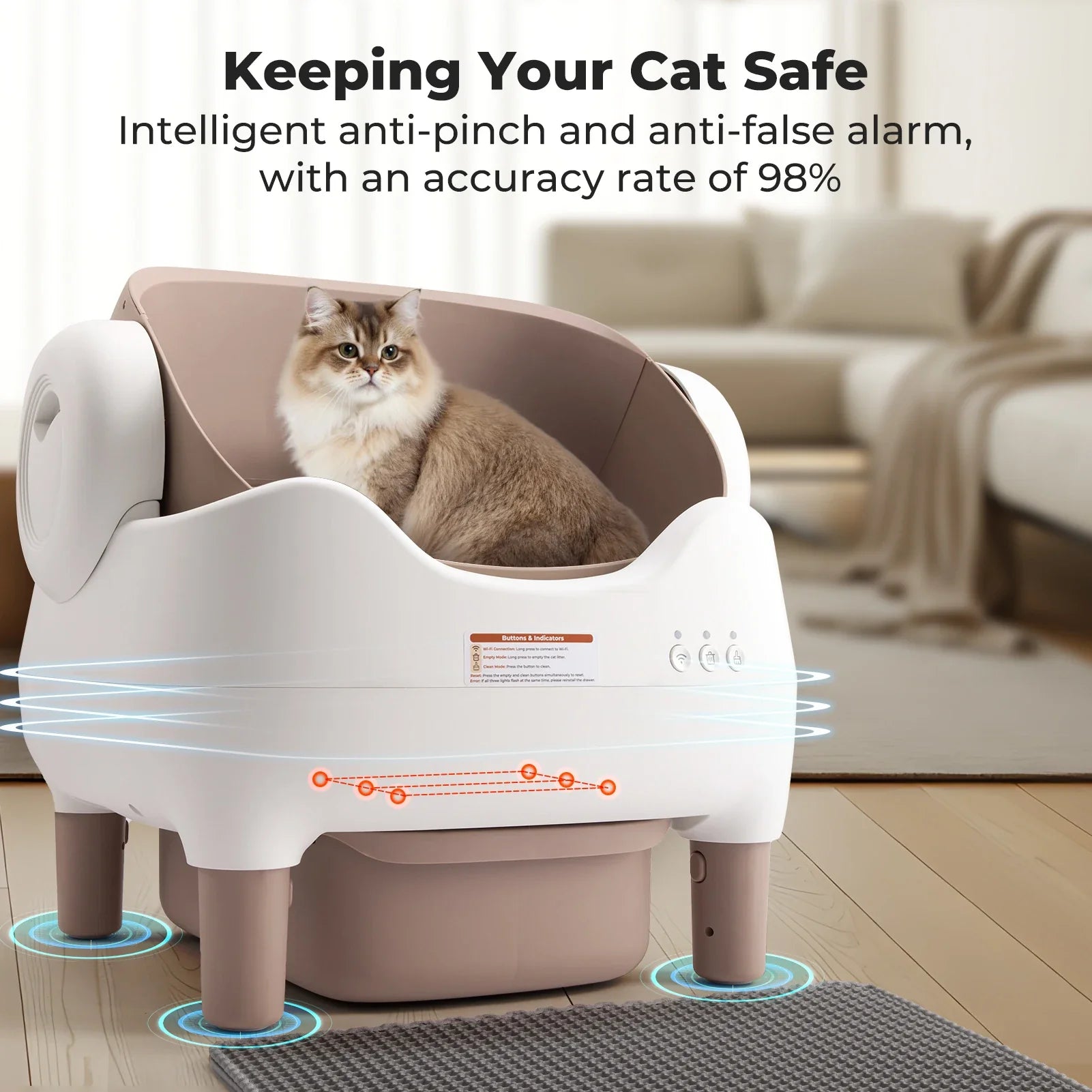 White open-top smart self-cleaning cat litter box with khaki interior and base
