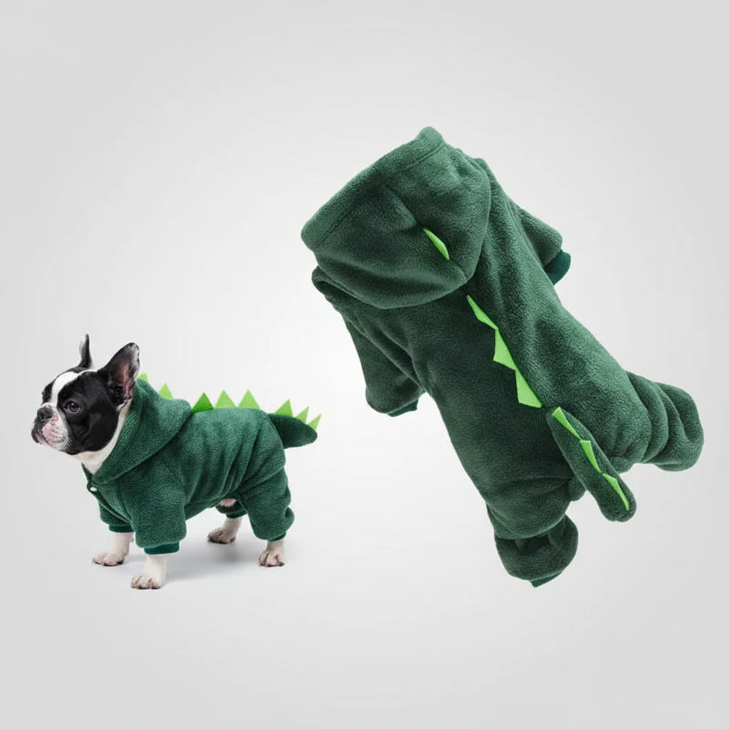 Green dinosaur pet hoodie with spiky back hood and claw-sleeve foot covers